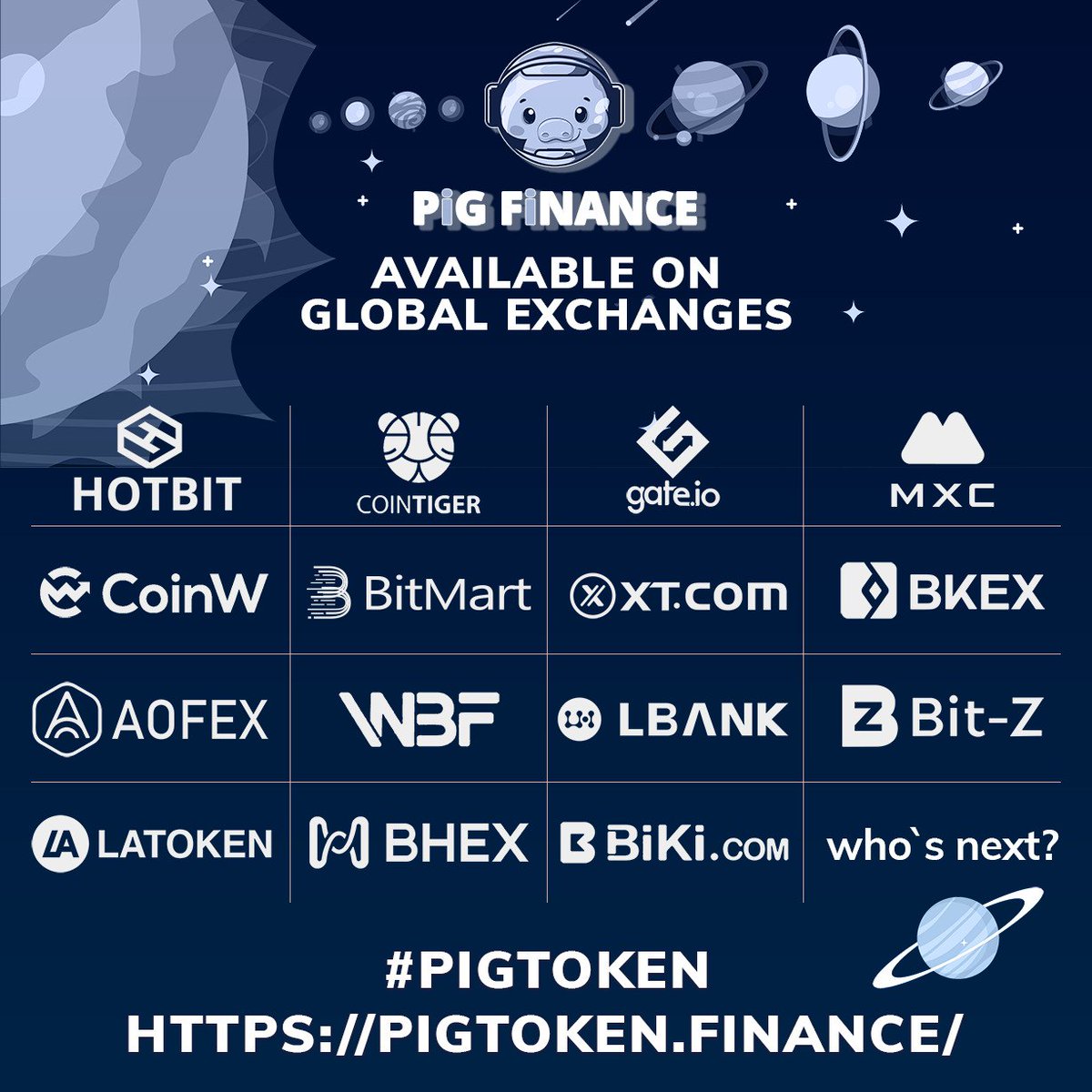 Here is  list of exhanges that $PIG has been listed on so far... which exchange should be next? 🤔