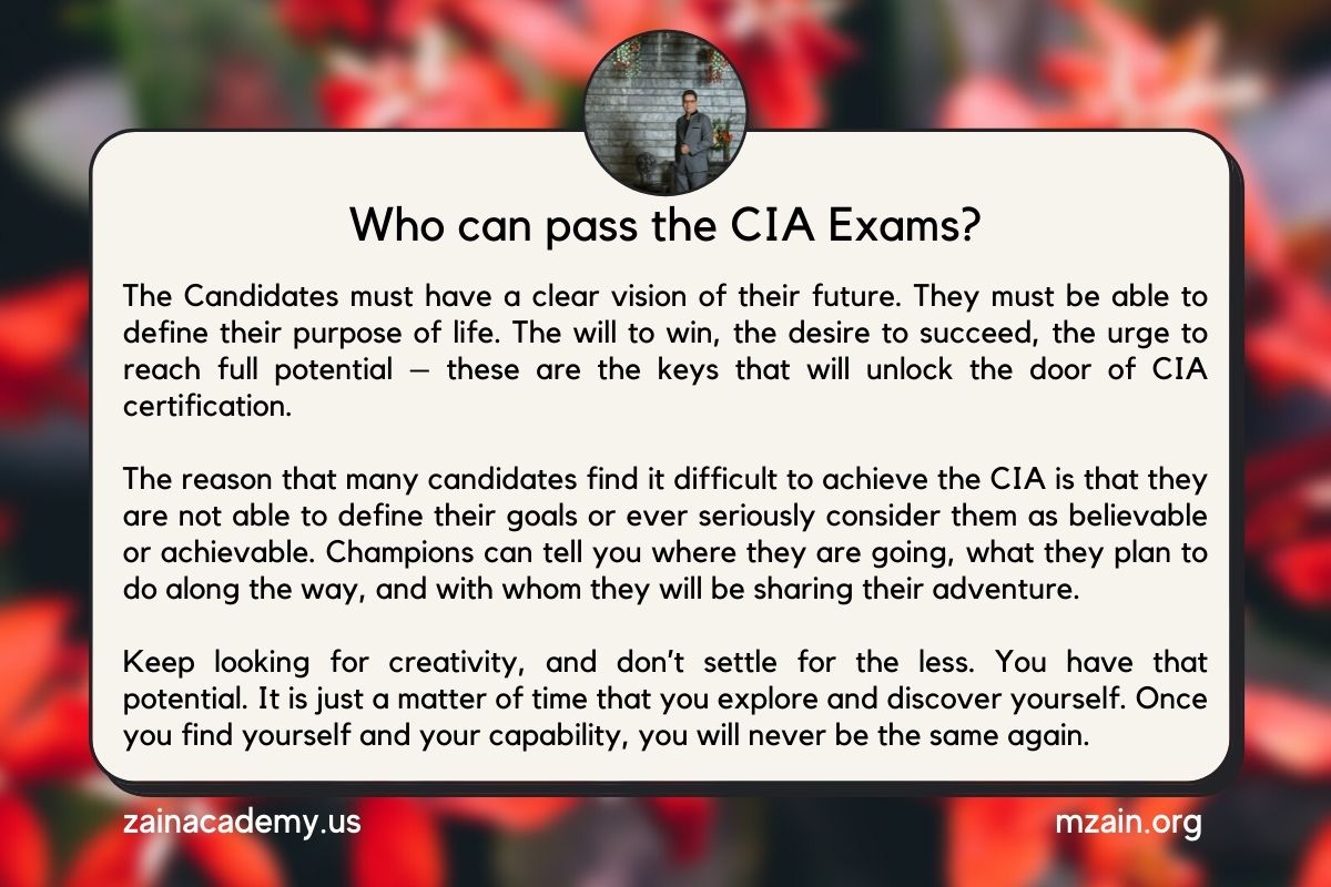 Who can pass the CIA Exams

Prepare for Certified Internal Auditor Exam from zainacademy.us/product/cia-re… 

#ciaexam #ciastudymaterial #ciareviewcourse #ciaexamprep #ciaexamreview #ciaprepcourse #ciapreparation #ciabooks #internalauditing #ciacertification #certifiedauditor