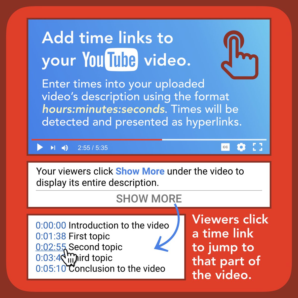 🔗 You can add chapter markers to your YouTube video's description. Viewers click the time link to jump to that part of the video!