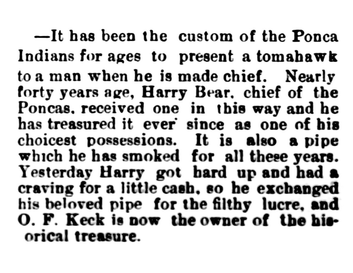 brettachapman's tweet photo. When a museum says a relic was “sold” by a Native American to the collector who gave it to them, that’s not automatically valid. Read this story about a Ponca named Hairy Bear. He was forced to sell an heirloom because he didn’t have civil rights or job prospects. That’s duress. https://t.co/P2aUNQC7O9
