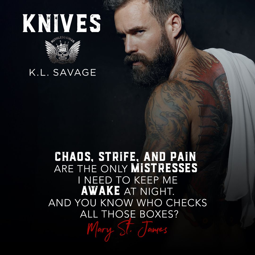 KNIVES IS AVAILABLE NOW!
Read FREE in #KindleUnlimited

🔪 1-Click: shor.by/Knives
🎧 Audible: adbl.co/3A5Cury
🔪  Add to TBR: bit.ly/3dlFS89

#KLSavage #RuthlessKingsMC #RuthlessKings #MCromance #darkromance #freeinKU #KU #romanticsuspense #oneclick