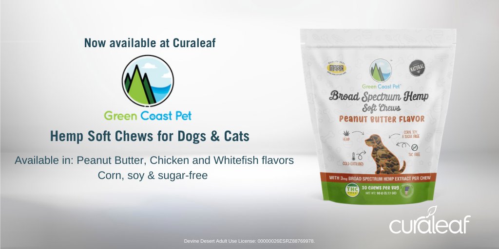 It's National CBD Day! Treat your pet to some Hemp Soft Chews from Green Coast Pets. These treats are corn, soy &amp; sugar free and come in multiple flavors that cats and dogs love.🐱🐶

Shop now here⬇️
curaleaf.com/locations/ariz…

Devine Desert Adult Use License: