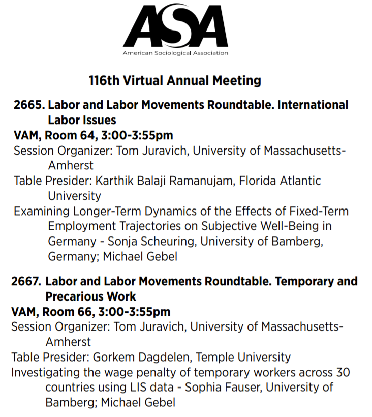 seccopa_project's tweet photo. Looking forward to two interesting #SECCOPA #presentations of our PhD students at two roundtables on fixed-term #employment #wage_gaps across countries and longer-term #wellbeing #effects at the #ASA2021 #Virtual #Meeting today. Thank you for having us @ASAnews! https://t.co/xaAJqwRAI2