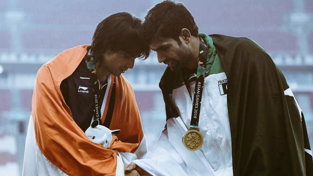 Good sportsmanship goes beyond the game,it starts with respect...
competed again in #Olympics2021
Pic clicked during #asiangames2018
 #NeerajChopra 
#arshadnadeem 
#IndiaPakistan
#TokiyoOlympic