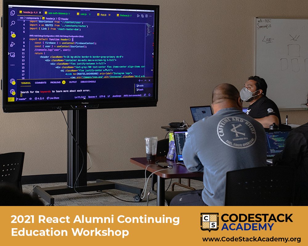CodeStackStkn's tweet image. This week we invited our alumni students back for a free React development 3-day workshop. It is important to keep learning and keep developing as a software engineer, and we are here to support our alumni. Once you are CodeStack - you are always CodeStack! #SJCOE #CodeSTack