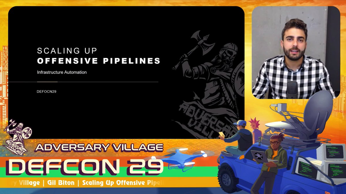AdversaryVillag's tweet photo. Adversary Village at @defcon 29

Gil Biton Presenting a Talk on "Scaling Up Offensive Pipelines"

Twitch live stream: https://t.co/ReI4ntBsj2
YouTube live stream: https://t.co/ZhLLa7KqFX

Join the live Q&amp;A @defcon - #adversaryVillage > #adv-voice.

#AdversaryVillage #defcon29 https://t.co/Fib3S7rbuv