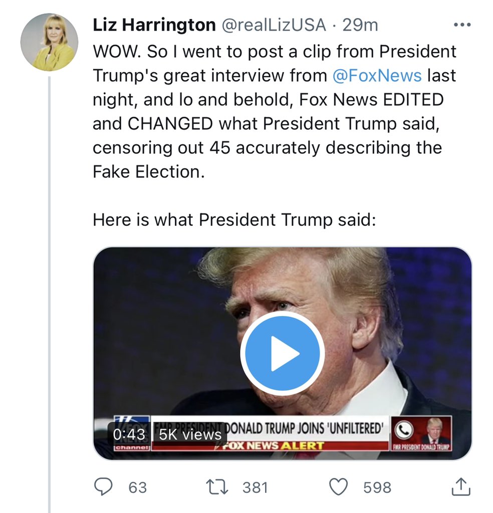 ZTPetrizzo's tweet photo. Trump spokesperson Liz Harrington is accusing Fox News and host Dan Bongino of censoring part of Trump’s interview last night: https://t.co/PbvacQpiNL