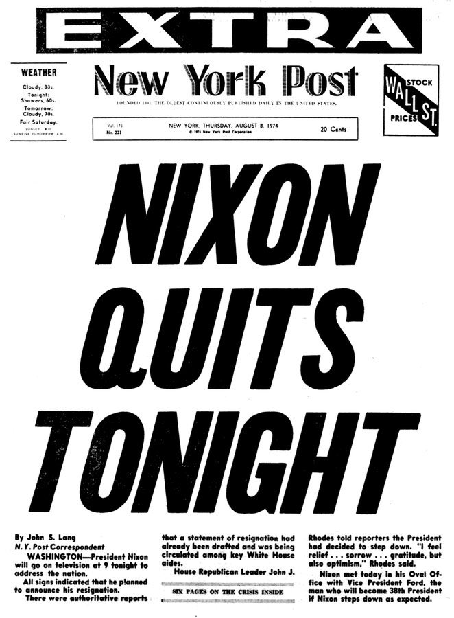 BeschlossDC's tweet image. “Nixon Quits Tonight”—New York Post Extra, today 1974: