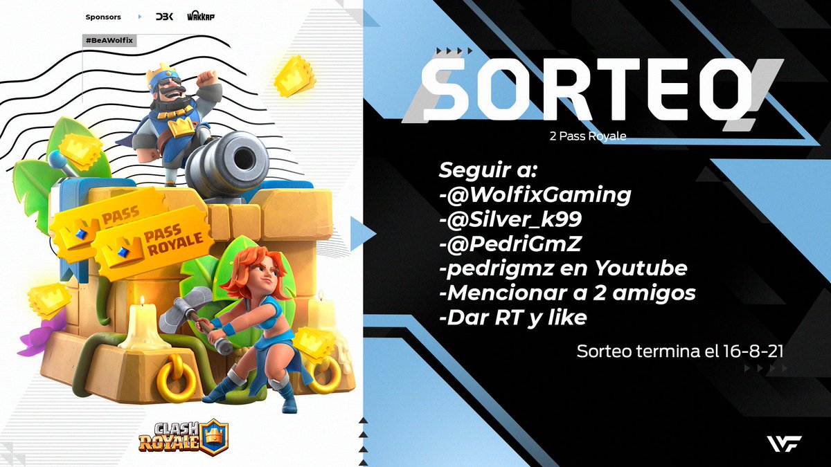 ¡Sorteo WOLFIX!🐺

Estamos sorteando en colaboración a SilverKevin 2 Pass Royale para ustedes.🔥🙌🏻

Requisitos:
-Seguir a:
-<a href="/WolfixGaming/">Wolfix Gaming</a> 
-<a href="/Silver_K99/">Kevin</a> 
-<a href="/PedriGmZ/">PedriGmZ</a> 
-seguir a twitch.tv/pedrigmz
-Mencionar a 2 Amigos
-Dar RT y Like

Termina el día 16-8-21
¡Mucha suerte!🎁