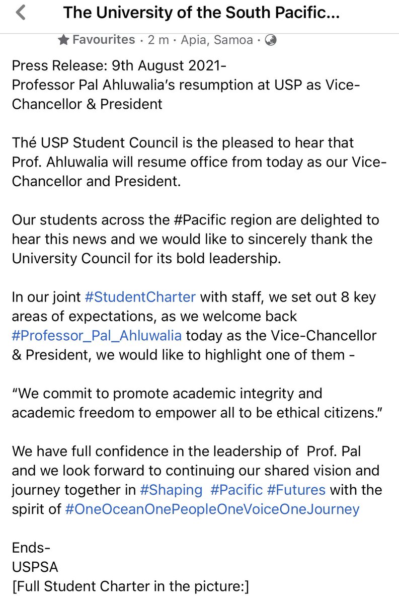 USPSA_'s tweet photo. In our joint #StudentCharter with staff, we set out 8 key areas of expectations, as we welcome back @pal_vcp , we’d like to highlight one of them - “We commit to promote academic integrity and academic freedom to empower all to be ethical citizens.” https://t.co/wWmyp7yL5Q