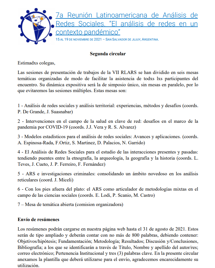 mfoliva's tweet image. 📢VIIª Reunión Latinoamericana de Análisis de Redes Sociales #ALARS #sna #ars EL ANÁLISIS DE REDES EN UN CONTEXTO PANDÉMICO 15 - 19 noviembre 2021 - San Salvador de Jujuy, Argentina 👇
aacademica.org/vii.reunion.la…   
@ARSsociologica @ARS_Chile @SnaConnect  @redsocial_lab @LauraTevesR