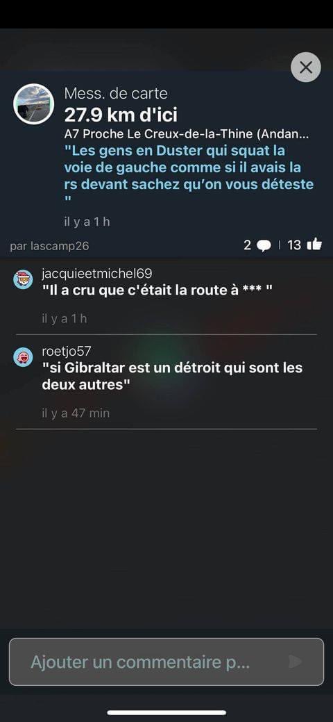 wshlequipecava's tweet photo. Jsuis sur la route pr le retour d vacances et je viens de découvrir le game des commentaires Waze, c expetionnel https://t.co/VZlSnvXR8Y