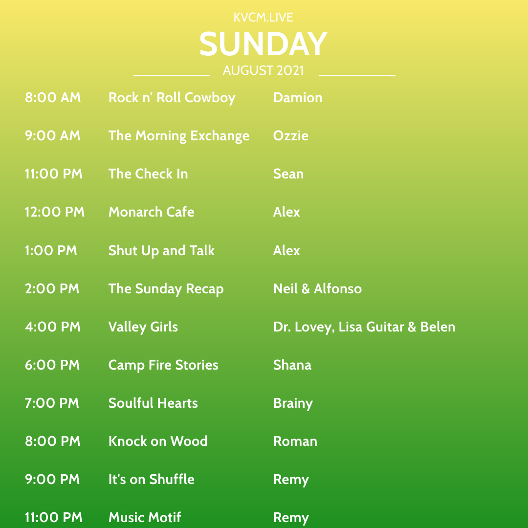 kvcmlive's tweet photo. Sunday Schedule! https://t.co/RiO63vSxMq