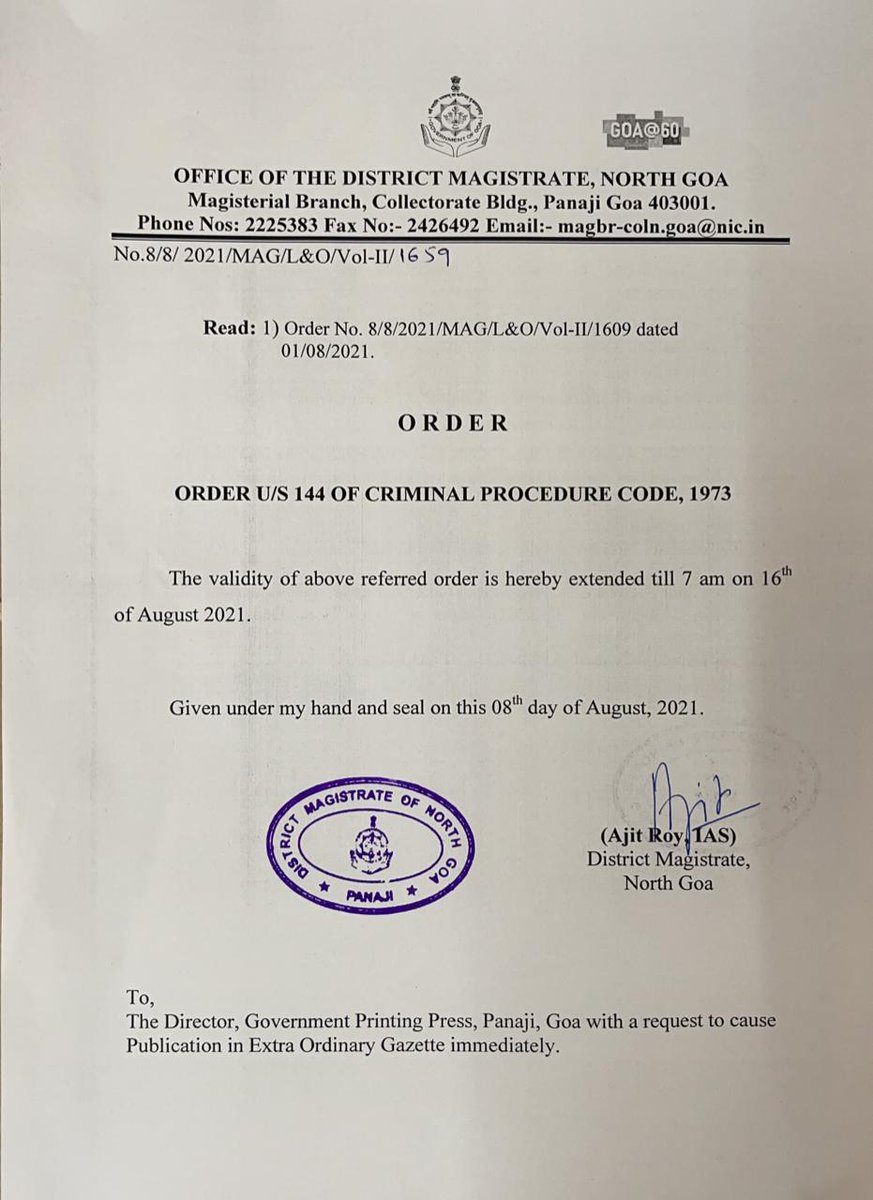 prudentgoa's tweet photo. State Administration issues order extending State Level Curfew till August 16 https://t.co/TJAi3gge7n