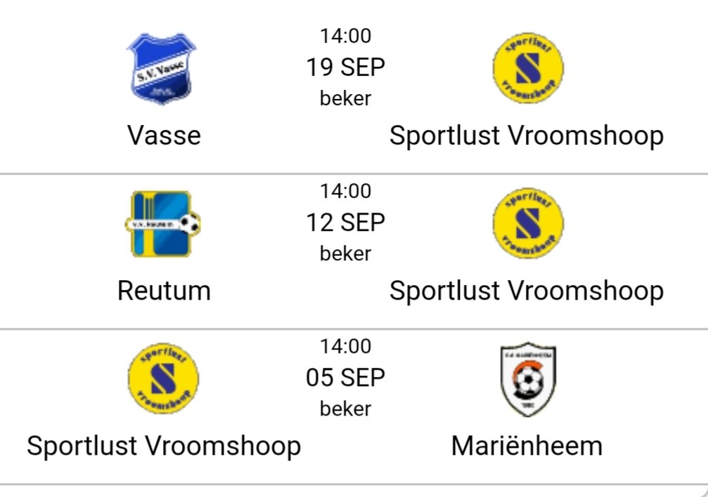 Het speelschema in de bekercompetitie van ons 1e kent een wijziging. De uitwedstrijd tegen <a href="/SvVasse/">SV Vasse</a> wordt op verzoek van Vasse omgezet in een thuiswedstrijd. 
We spelen dus niet alleen 5 september maar ook 19 september thuis voor de Beker! Op 12 september spelen we bij vv Reutum.