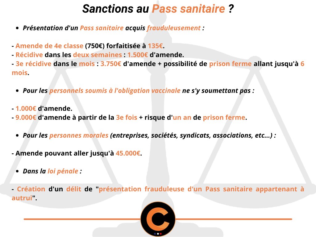 CerfiaFR's tweet photo. 🇫🇷⚖️ FLASH | À la veille de l’entrée en vigueur du #Pass sanitaire en #France, voici ce que dit la #loi à propos des nouvelles #sanctions pour les #contrevenants. Le #Gouvernement dit vouloir une « réponse #pénale efficace, dissuasive et rapide ».

(20 minutes) #PassSanitaire https://t.co/xZQURseZG8