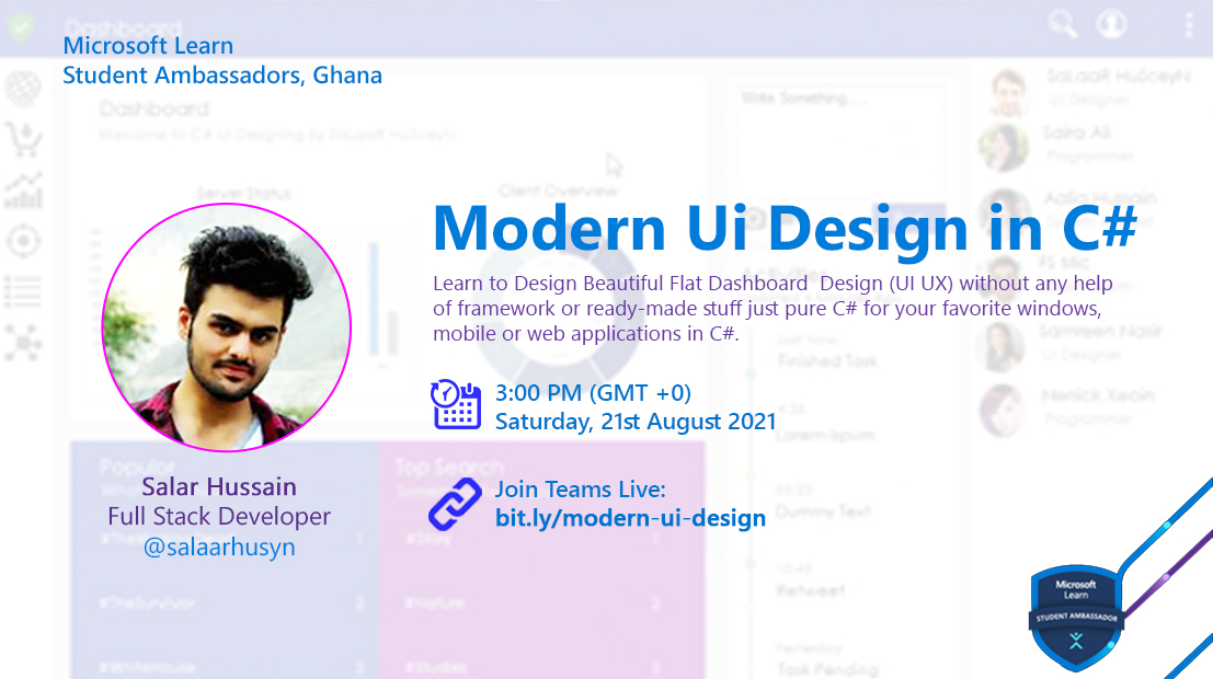 mlsaghana's tweet photo. Learn to Design Beautiful Flat Dashboard (UI UX) without any help of framework just pure C#.

Date: 21st August 2021
Time: 3:00pm (GMT+0)

Register:👉https://t.co/xRRi6IG2ka
#MSFTStudentsAmbassadors #MSFTGhana https://t.co/jhd7bSzN0E