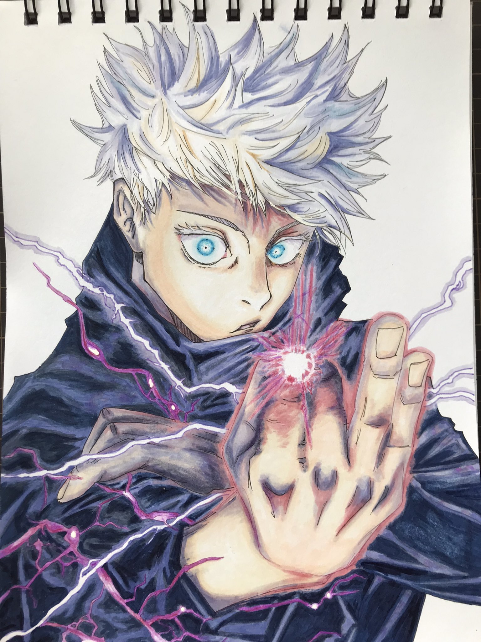 あーき ジャンプgiga 五条悟 やっと描けた コピックと色鉛筆でべったべたに塗り重ねるもんで色塗りだけで10時間ちかくかかってしまった 呪術廻戦 模写 アナログイラスト イラスト イラスト練習中 T Co Ajkyurhmwf Twitter