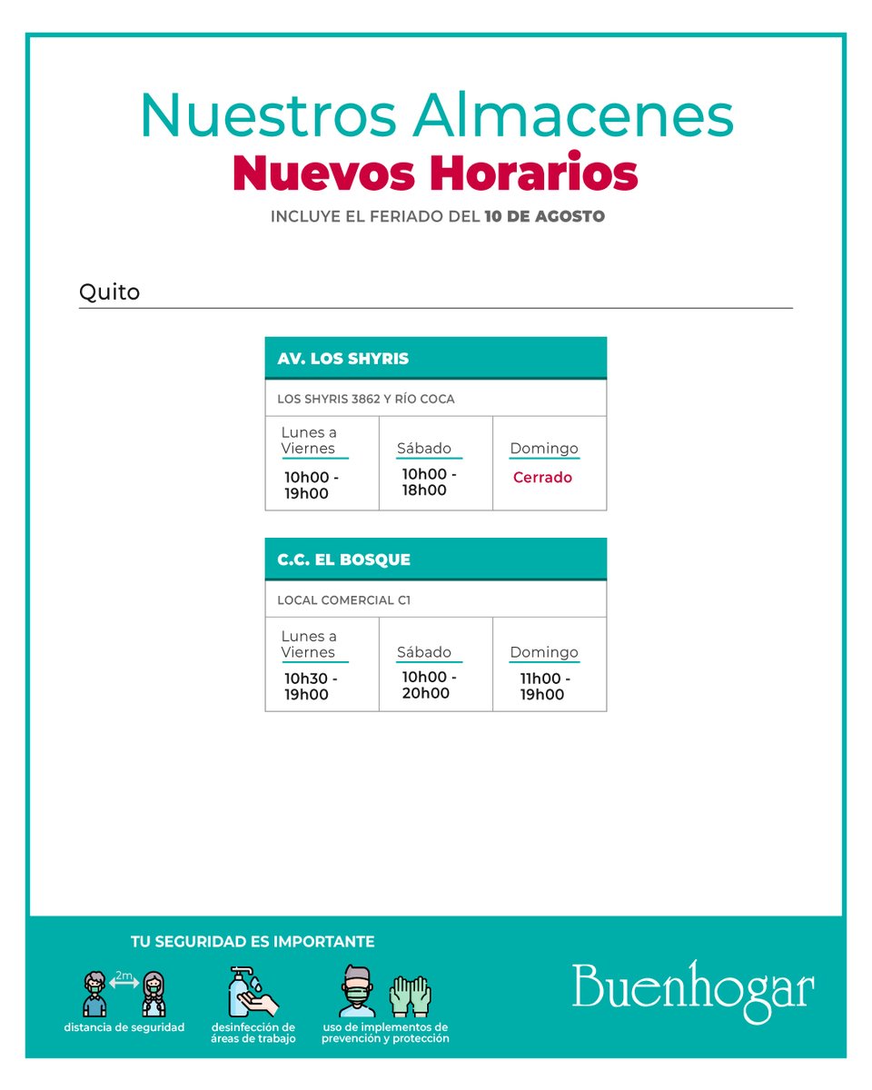 Buenhogar_ec's tweet photo. Les informamos a nuestra distinguida clientela los nuevos horarios de atención de nuestros almacenes en #Quito y #Guayaquil. Estos incluyen el #feriado del #10deAgosto. Los esperamos
#alborada #urdesa #plazaorellana #plazaproyecto #almacenesbuenhogar #ccelbosque #laShirys #centro https://t.co/mdt5bl8yE9