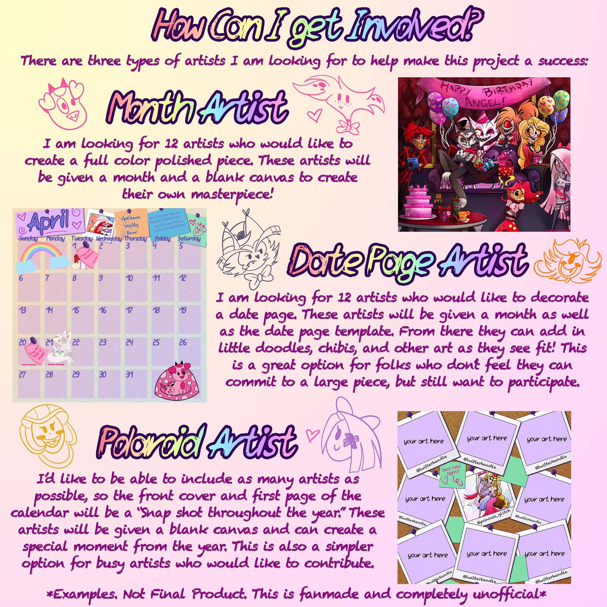 Princess_Gl1tch's tweet photo. 💕Calling all Artists💕
I’m so happy to finally announce this project! Application and more details in thread below! 
Please help retweet so we can reach as many artists as possible! 
*Please do not tag and spam artists*
#hazbin #hazbinhotel #hazbinhotelfanart #hhcalendarproject https://t.co/s0PFRlelmE
