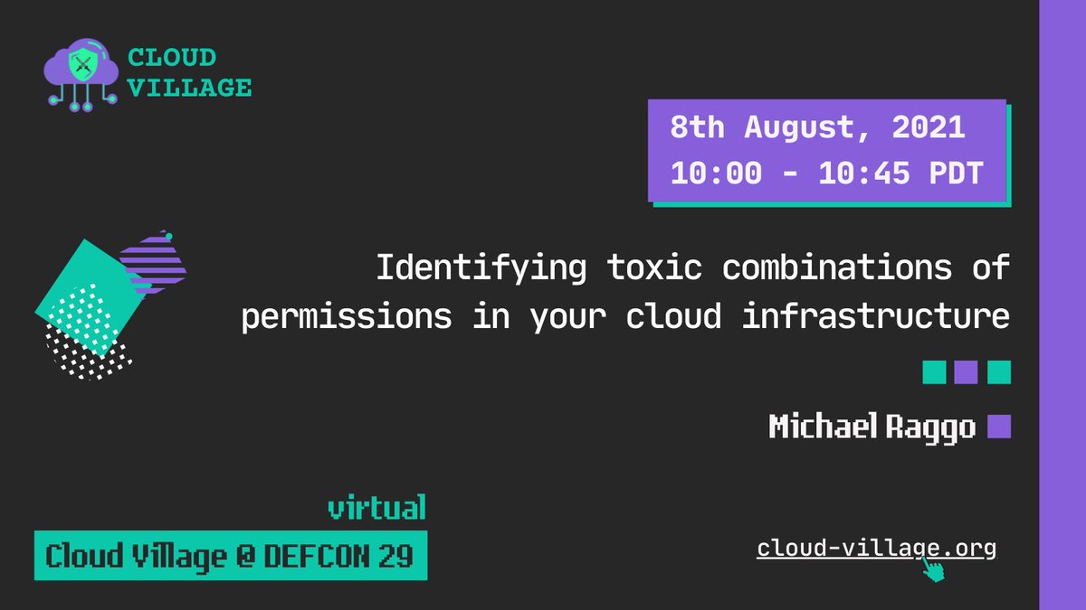 Cloud Village (@cloudvillage_dc) on Twitter photo Day 3 comence with Michael Raggo(<a href="/MikeRaggo/">Michael Raggo</a>)  is going to speak on "Identifying toxic combinations of permissions in your cloud infrastructure" at #cloudvillage soon.
Streaming here:- youtu.be/AMNlydFyzaQ 
Post your Questions here:- forms.gle/etyTw2gFhfSUBW…
<a href="/defcon/">DEF CON</a> #defcon29 Day 3 comence with Michael Raggo(<a href="/MikeRaggo/">Michael Raggo</a>)  is going to speak on "Identifying toxic combinations of permissions in your cloud infrastructure" at #cloudvillage soon.
Streaming here:- youtu.be/AMNlydFyzaQ 
Post your Questions here:- forms.gle/etyTw2gFhfSUBW…
<a href="/defcon/">DEF CON</a> #defcon29