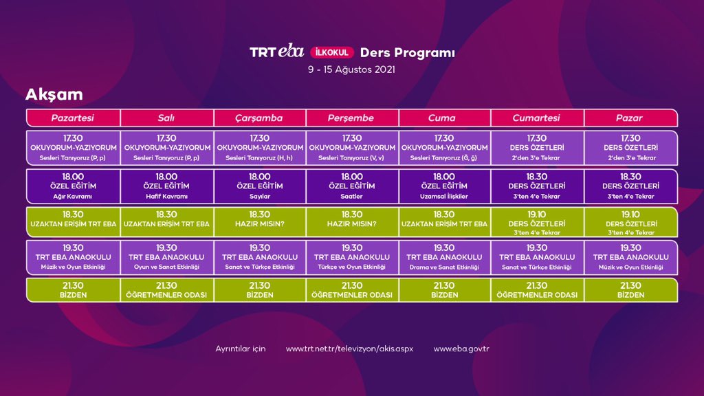 📺 TRT EBA Yaz Okulu’nda Bu Hafta

Sabah, Öğle ve Akşam Kuşakları öğrenci, öğretmen ve velilerimiz için bu hafta da dopdolu…

🗓 9-15 Ağustos  2021 

📖👩🏻‍🔬📚 İşte ilkokul kanalının program akışı👉🏻 meb.ai/KbG6aY

#telafidebendevarım