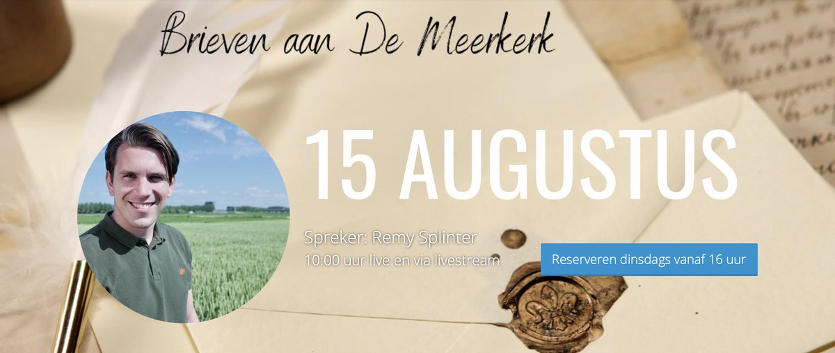DeMeerkerk's tweet photo. Zondag 15 augustus spreekt Remy Splinter via livestream om 10 uur in het 3e deel van de prekenserie -Brieven aan De Meerkerk-. Voor meer informatie en reserveren https://t.co/hUUJk48PTs https://t.co/lC0vCnAxFA