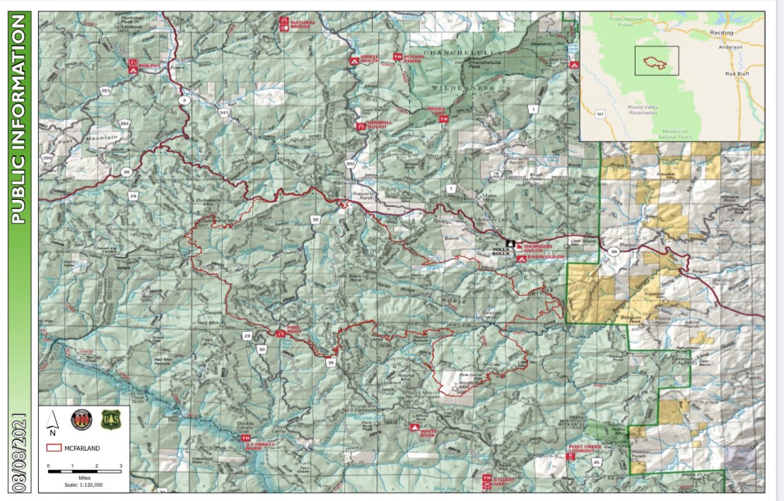 The #McFarlandFire is currently 31,185 acres &amp; 21% containment. The fire is well established in the Middle fork of Beegum Creek, Pole Corral Creek and South of Dubakella Mountain. Main fire spread is to the east/southeast. Click here for the full update 👉🏼 inciweb.nwcg.gov/incident/7746/