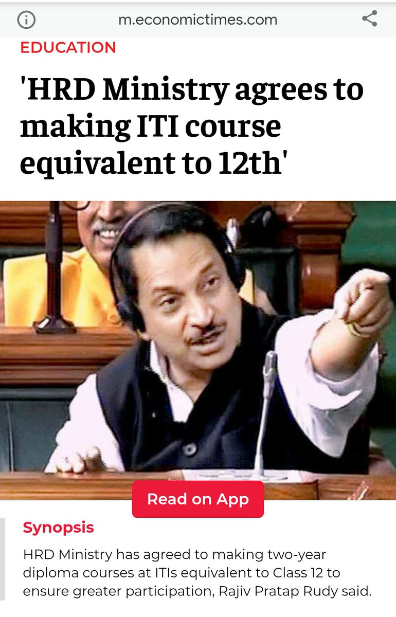 HRD Ministry agrees to making ITI course equivalent to 12th

March 2016

Is it come into force?
<a href="/narendramodi/">Narendra Modi</a>
<a href="/dpradhanbjp/">Dharmendra Pradhan</a> 
<a href="/EduMinOfIndia/">Ministry of Education</a> 
<a href="/NITIAayog/">NITI Aayog</a>