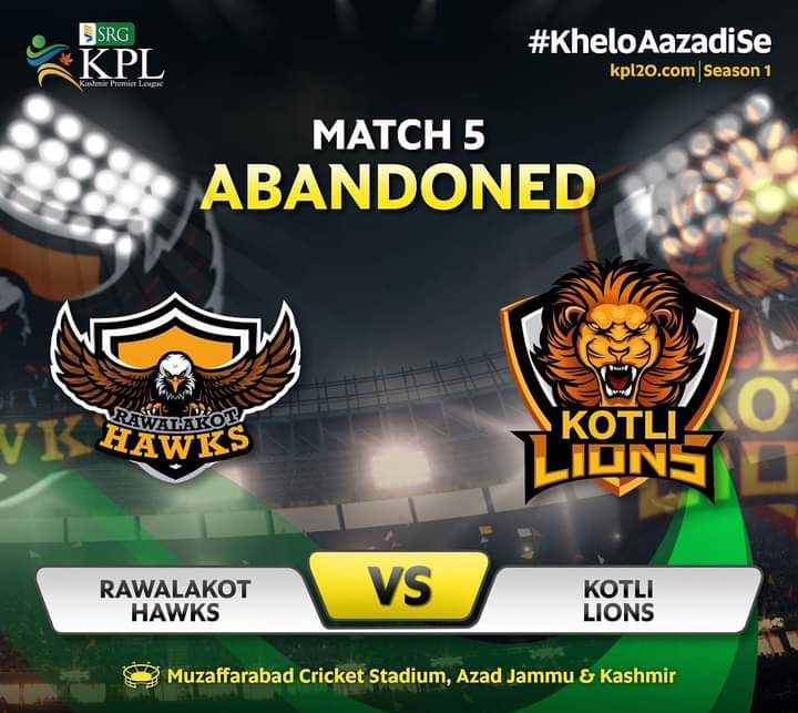GMF48's tweet photo. Match-5: #RHvKL
"Match Abandoned"
-
Rawalakot Hawks 🆚 Kotli Lions
Match Has Been Called Of Due To Heavy Rain In Muzaffarabad Stadium..
-
#SGRKPL #KPL2021
#KPL21 #KheloAazadiSe https://t.co/sE3wScb9Sm