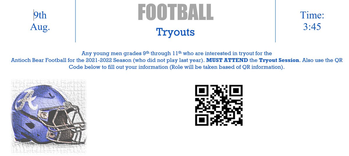 Bear Nation Football (@ahsbearsfball) on Twitter photo 🚨 Monday!!!! Aug. 9th @ 3:45 pm🚨 Tryouts for AHS Football BEAR NATION!!! Scan the QR Code and fill out all of the important information. Come see if you have what it takes to be B.E.A.R. 🐻🏈 #BeBEAR #BeGreat #BEARNATION <a href="/WeAreAntiochHS/">Antioch High School</a> 🚨 Monday!!!! Aug. 9th @ 3:45 pm🚨 Tryouts for AHS Football BEAR NATION!!! Scan the QR Code and fill out all of the important information. Come see if you have what it takes to be B.E.A.R. 🐻🏈 #BeBEAR #BeGreat #BEARNATION <a href="/WeAreAntiochHS/">Antioch High School</a>