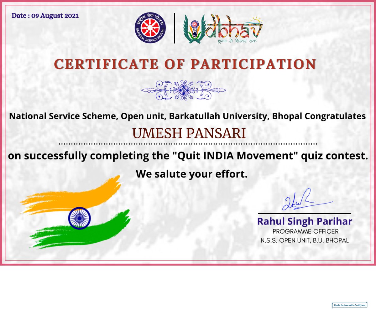 UmeshPansari1's tweet photo. I participated in the Quit India Movement Quiz competition organised by #NSS Open Unit, #Barkatullah University, Bhopal.

#NSSMadhyaPradesh #AzadiKaAmritMahotsav #IndependenceDay @PMOIndia @ListenKabir @CMMadhyaPradesh https://t.co/3rX8fvdYxH