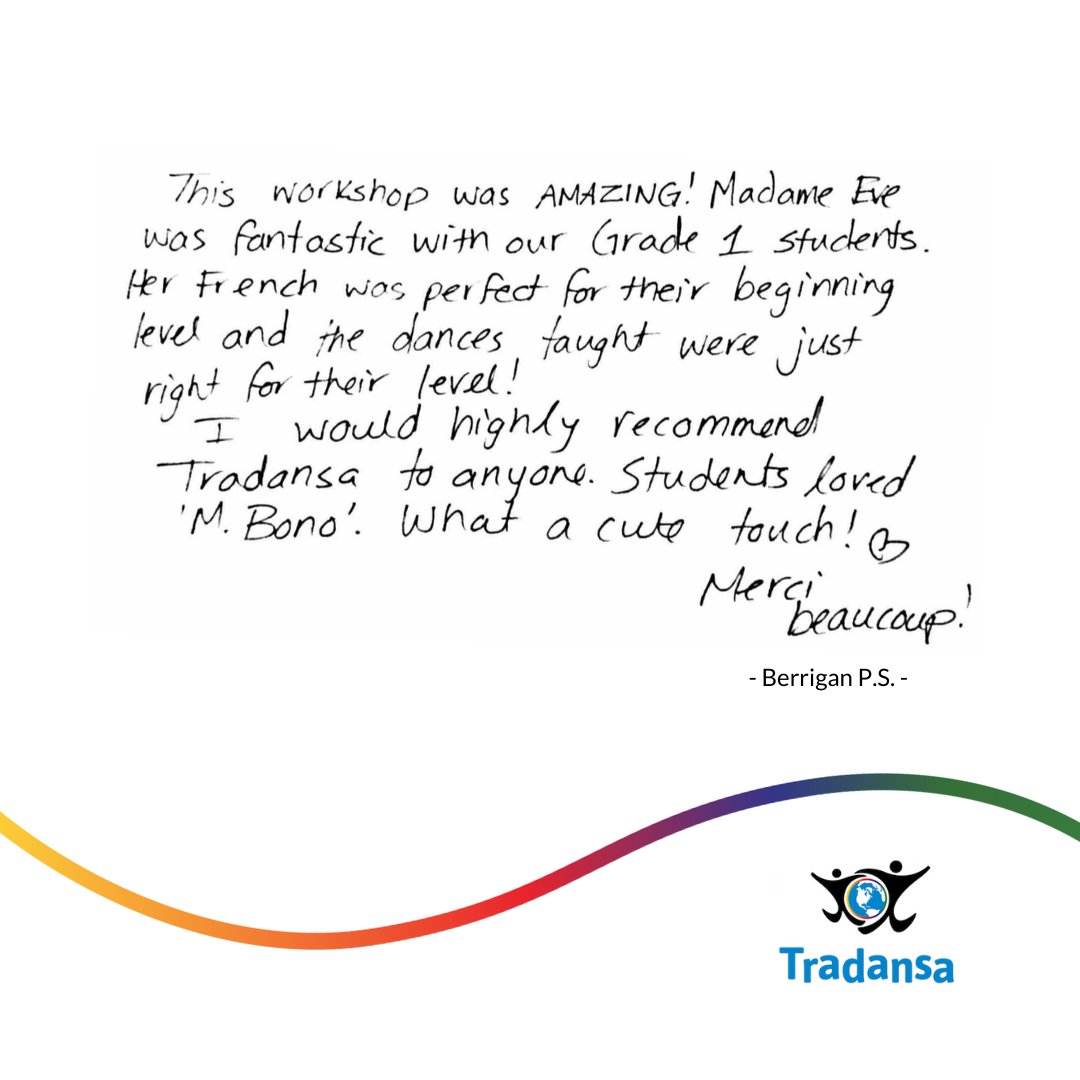 As we prepare for the 2021/2022 school year, we found this comment from a Grade 1 French Immersion Teacher. Thank you for your kind words. Merci!
.
.
.
.
#tradansa #dance #schoolworkshops #dansetrad #folkdance #education