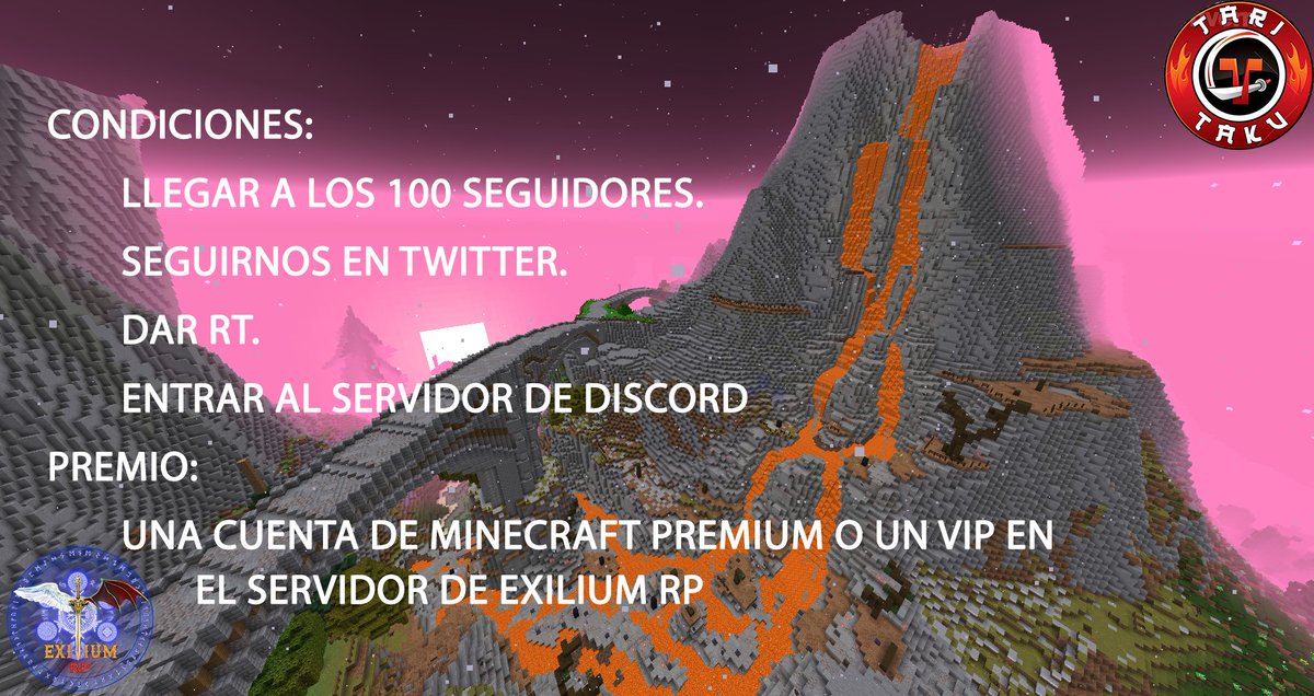 Exilium_RP's tweet photo. ¿Qué tenemos por aquí? ¿Un sorteo dices? 

Cuando lleguemos a 100 seguidores en Twitter, se va a sortear una cuenta premium de minecraft o un rango vip dentro del servidor de ExiliumRP. Para participar siguenos en Twitter, Da RT a este Tweet y entra al discord de la comunidad. https://t.co/oMyOS8tU9V