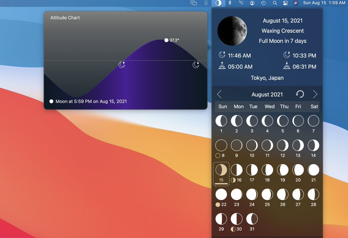 rivolu's tweet image. New!! Position chart added to Moon Calendar for menu bar.  Visualize Moonrise, Moonset and current altitude of Moon for your location on a chart.
apps.apple.com/us/app/moon-ca…
#moon #mooncalendar #moonphase #macos #widget