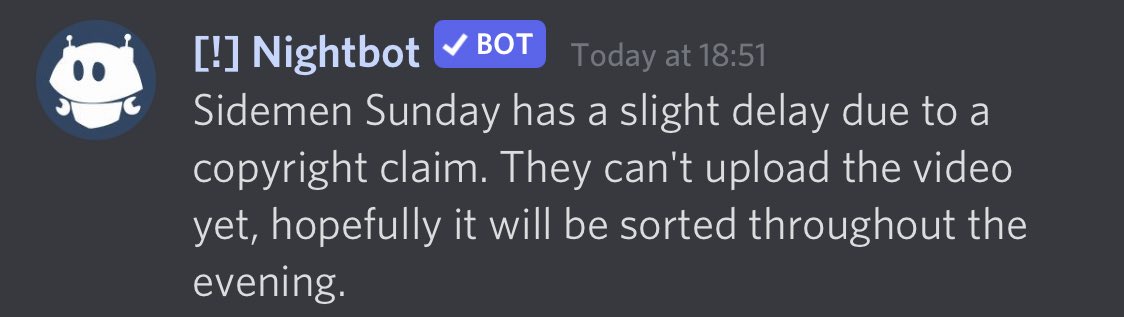 #SidemenSunday is delayed due to copyright issues

(via Vik’s Discord)