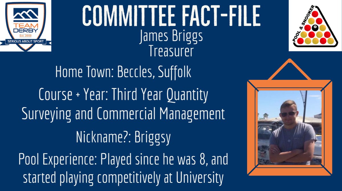 UoDPoolSnooker's tweet photo. Welcome James Briggs !

Next up in our 2021/22 committee announcements is our Treasurer - James Briggs. James was a part of the 19/20 committee - so we're glad to have him and his experience back!
#universityofderby #sport #poolsnooker #derbyunion #poolandsnooker #university https://t.co/16Tm5TXpOx