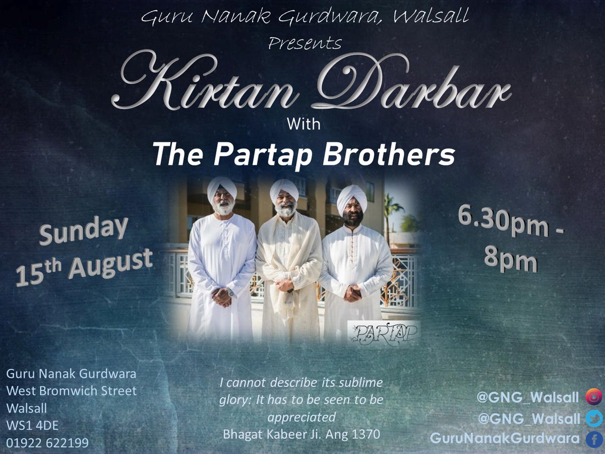 WJKK, WJKF,
We are pleased to confirm that the <a href="/partapbrothers/">Partap Brothers</a> will be doing a Kirtan Darbar program at the Gurdwara Sahib on Sunday 15th August, starting at 6.30pm.

The Partap Brothers are currently in the UK and we look forward to welcoming Sangat to this Kirtan Darbar.
🙏🙏