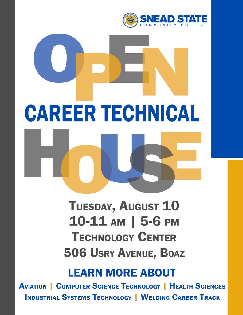 sneadstatecc's tweet photo. Make your plans to join us this Tuesday for our Open House. Learn more about our career technical programs of study!⁠
⁠
#SneadState #openhouse #career #programs #commcollege #technology #training #job https://t.co/53gHbNAXOR