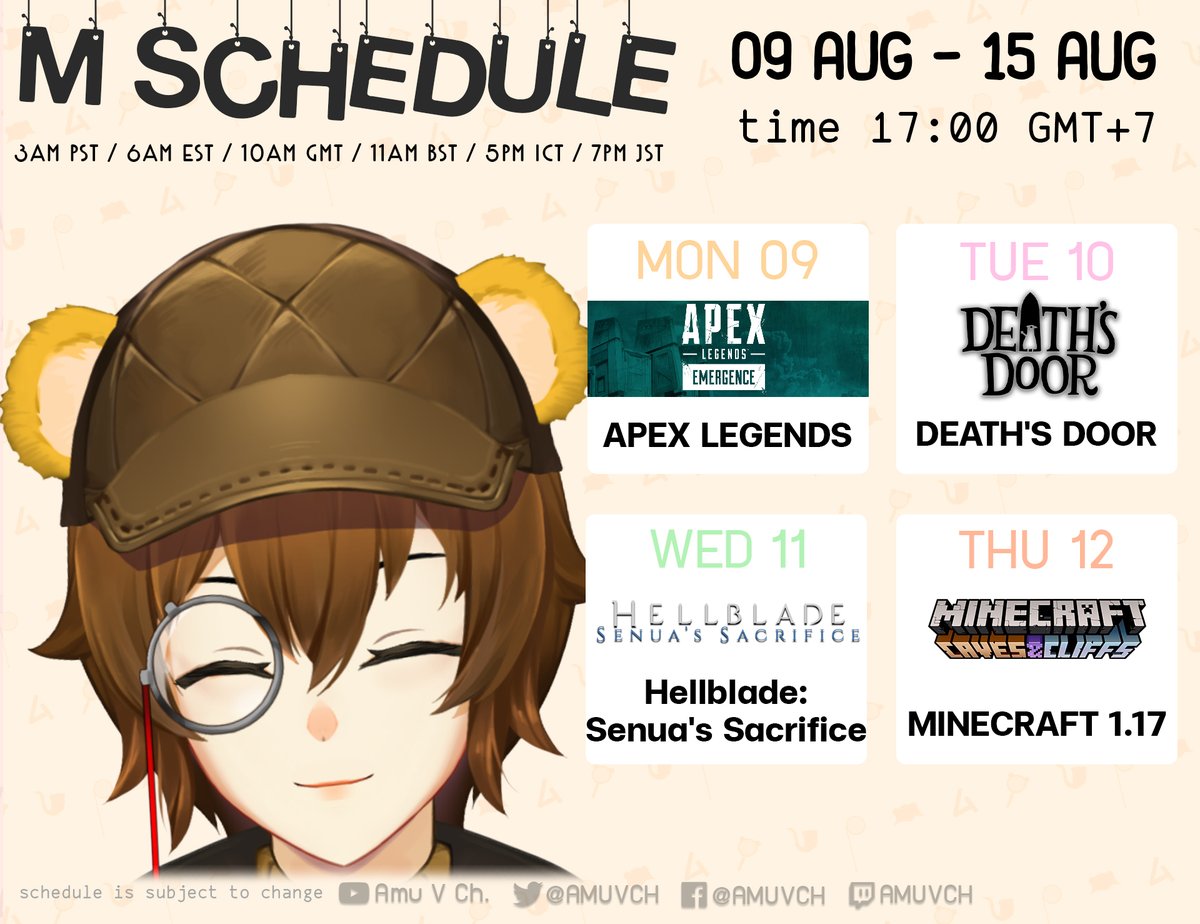 AmuVCh's tweet photo. ✦ Weekly Schedule ✦
09 August - 15 August | 17:00 GMT+7

[Hashtags]
General: #AmuVCH | Live Stream: #AmuTime
Art Tag: #ARTAMU | Meme: #MMMEEE
Fan Name: #MSuki | Info/Data: #MCase

The schedule is subject to change
กำหนดการอาจมีการเปลี่ยนแปลง

#VTuber #VTuberTH #MSchedule https://t.co/f9ooGCJgaw