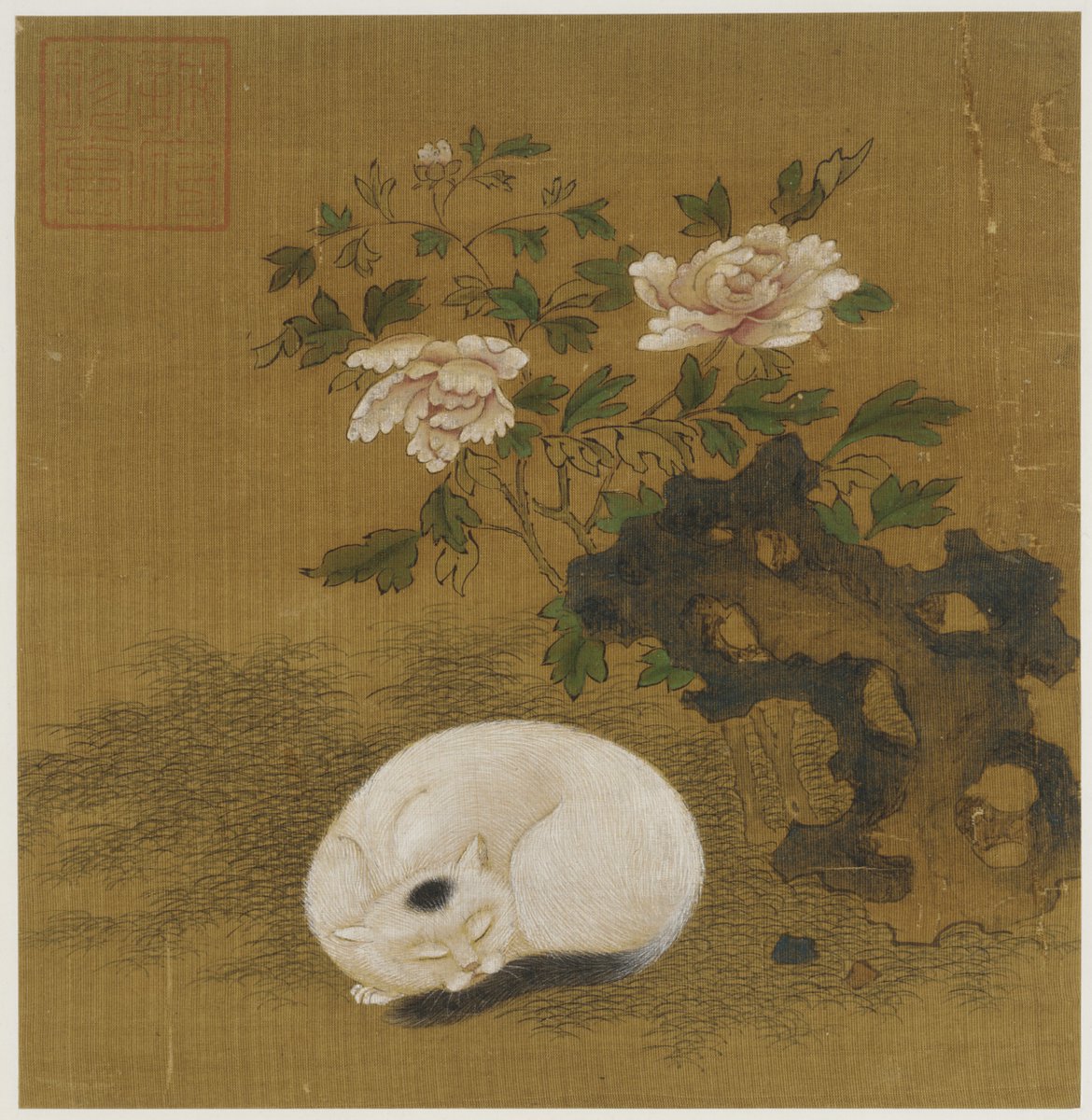 Meow! Who do we petition to get #InternationalCatDay moved to a #Caturday? 😸 We're celebrating our feline friends with this painting of a cat doing what many of them do best, napping! 🐈

"Cat, rock, and peonies" in our #ChineseArt collection, F1909.245r.