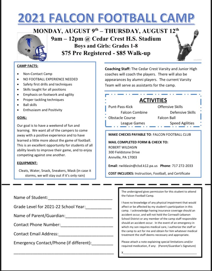 Who’s ready for tomorrow? It’s not too late! All Cedar Crest Falcons from grades 1-8 come out this week M-Th for youth camp from 9-12. Please message us with questions! #242Attack #FalconPride