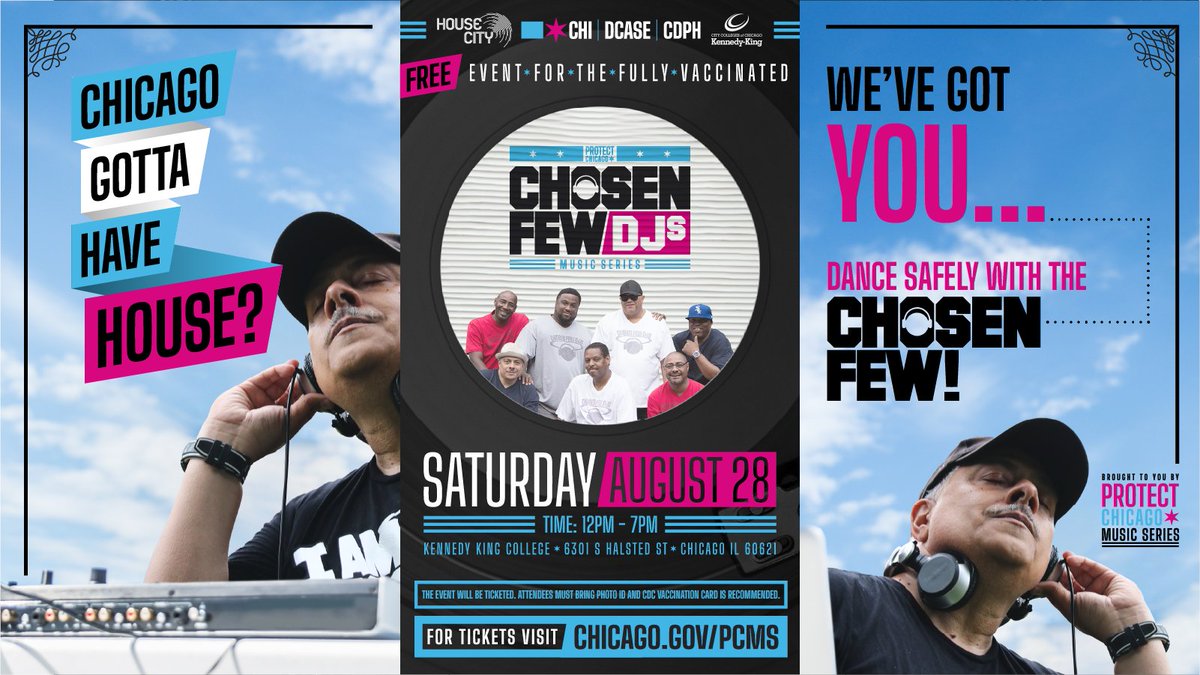 Be part of the chosen few to see @Chosen_Few_DJS IN-PERSON 8/28 at @KK_College! This FREE event is open to fully vaccinated Chicago residents only! Get vaccinated before 8/14 so that you don't miss out! Register at chicago.gov/pcms. #ChosenFewPicnic #VaxChiNation
