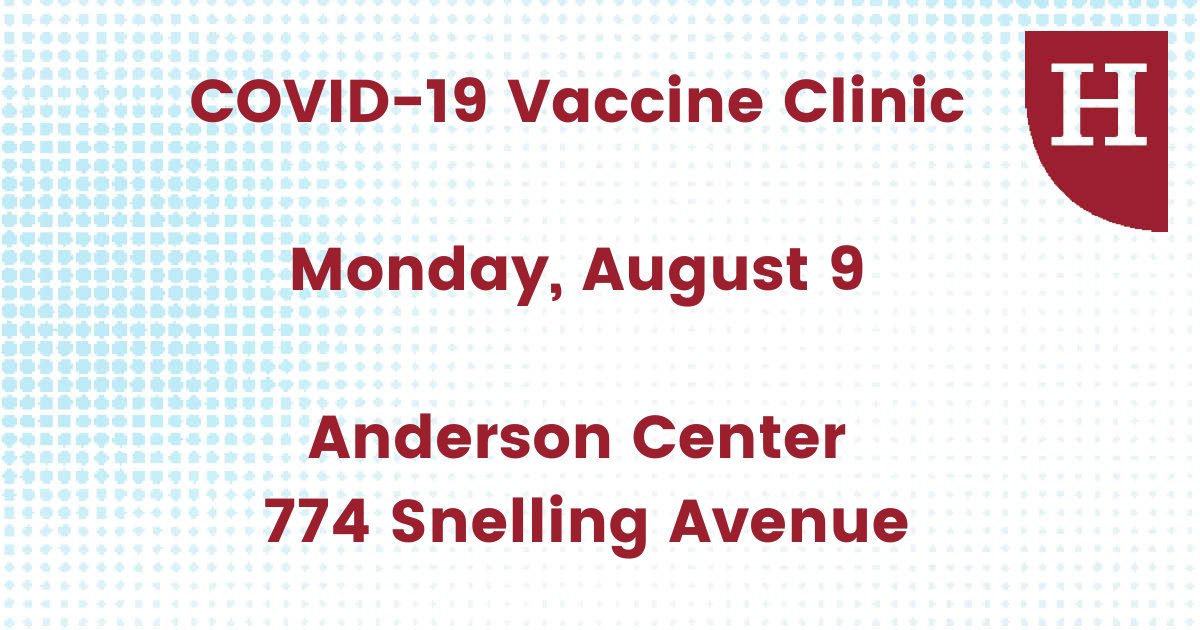HamlineU's tweet photo. Hamline vaccine clinic, Monday, August 9 from 10 a.m. - 2 p.m. Free, appointments and walk-ins are welcome, and anyone 12 years or older can get a shot. Pfizer will be offered. Anderson Center, 774 Snelling Avenue North, Saint Paul, MN 55104-1284 https://t.co/2cVyQLVl1A