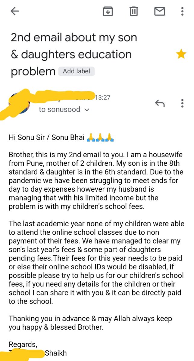 sk_tabby's tweet photo. @SonuSood @SoodFoundation Hi Sonu Sir / Sonu bhai,

I've sent a couple of emails to you &amp; your foundation for help around my son &amp; daughters education problem as we are struggling to pay their fees for this year &amp; soon their school ids might be disabled for non payment of fees. Please Help🙏... https://t.co/oxmkPrOYU3