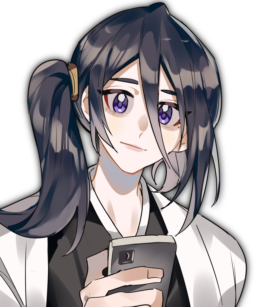 1girl solo japanese clothes side ponytail black hair phone purple eyes  illustration images