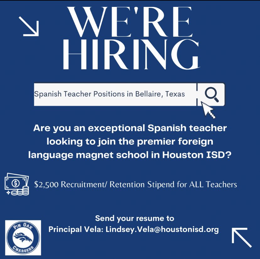 🚨We are looking for TWO #dynamic and highly qualified #SpanishTeachers to join <a href="/pinoakms/">Pin Oak Middle School</a> for the 2021-22 school year‼️#WeArePinOak #HISD  #magnet 🇫🇷 🇲🇽 🇨🇳 🇩🇪 🇮🇹