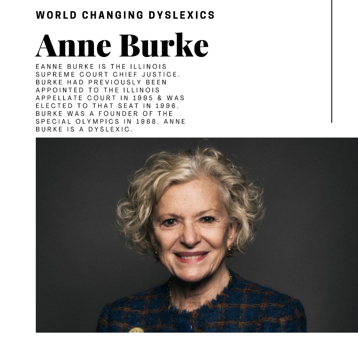 Anne Burke is a great example of a Dyslexia success story that can be found right here in Illinois. Burke also took the initiative to help create the Special Olympics in 1968! What an incredible career, life, and example of all the things a Dyslexic can do!💡#learndifferent