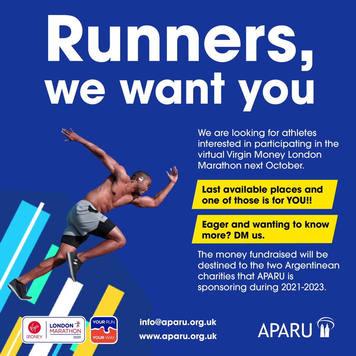 APARU_UK's tweet photo. We are looking for athletes interested in participating in the virtual Virgin Money London Marathon next October. #Runners, we want you! #londonmarathon #running #marathontraining #marathon https://t.co/PQSo9wJb8U