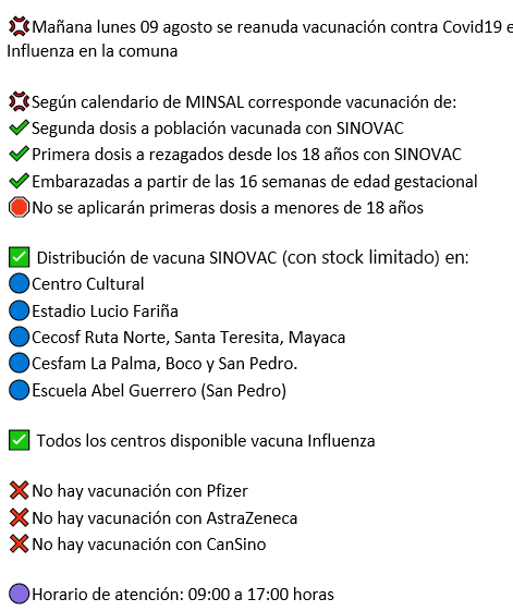 📢Mañana Lunes 09 agosto se reanuda vacunación contra Covid19 e Influenza en #Quillota según calendario de MINSAL 
✔2da dosis a población vacunada con SINOVAC
✔1a dosis a rezagados desde los 18 años con SINOVAC
✔Embarazadas a partir de las 16 semanas de edad gestacional